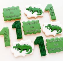 Load image into Gallery viewer, Alligator first birthday cookies with green 1 numbers and 1st birthday plaques
