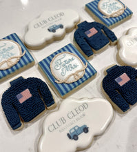 Load image into Gallery viewer, Custom bridal cookies with Club Cleod Nantucket Island logo, Future Mrs. plaques, and navy sweaters
