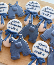 Load image into Gallery viewer, Custom baby shower cookies with denim overalls and personalized baby rattles

