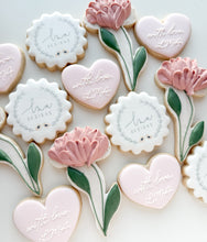 Load image into Gallery viewer, Floral bridal shower cookies with peony flowers, monogram rounds, and pink hearts

