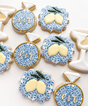 Load image into Gallery viewer, Lemon and blue chinoiserie bridal cookies with martini glasses and monograms
